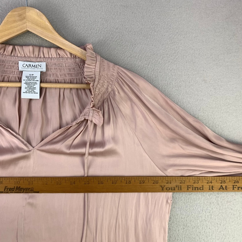 Carmen‎ Marc Valvo Blouse Women S Pink Satin Smocked Ruffle V-Neck Peasant Top - Picture 7 of 9